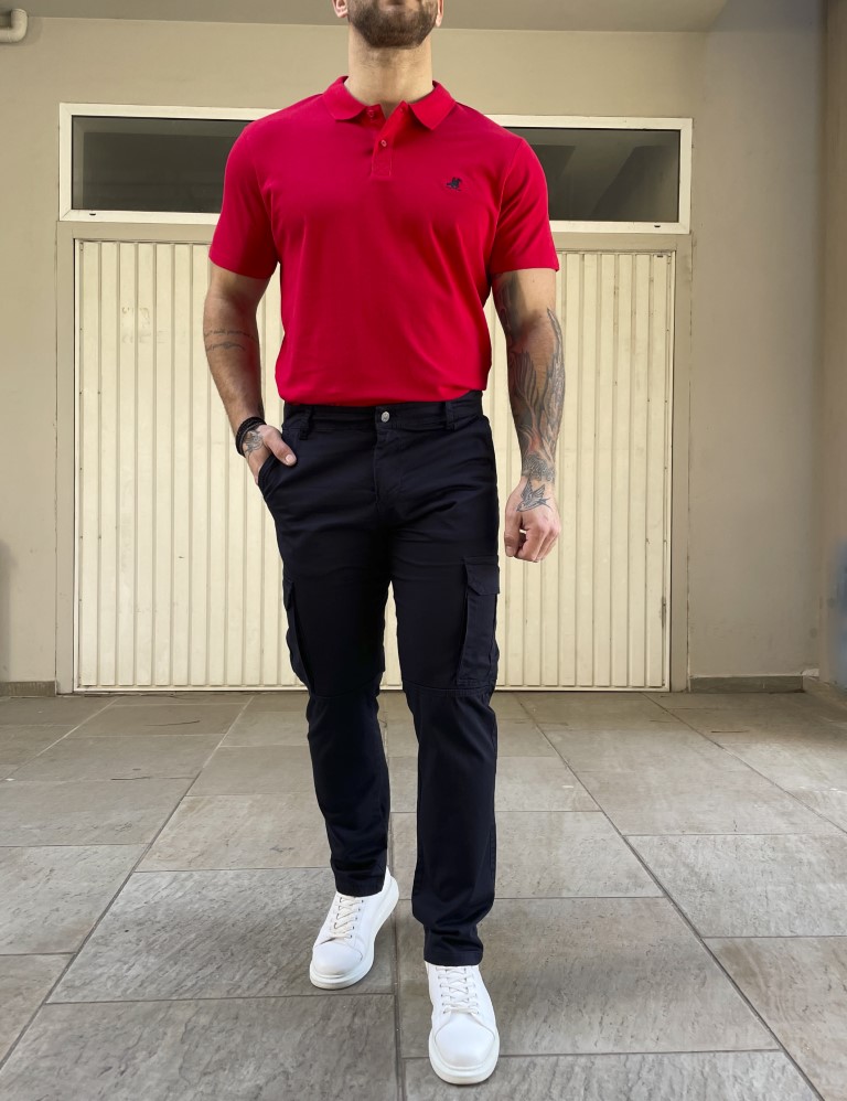 Ανδρικό cargo ίσιο μπλε υφασμάτινο παντελόνι BO1682N φωτογραφία